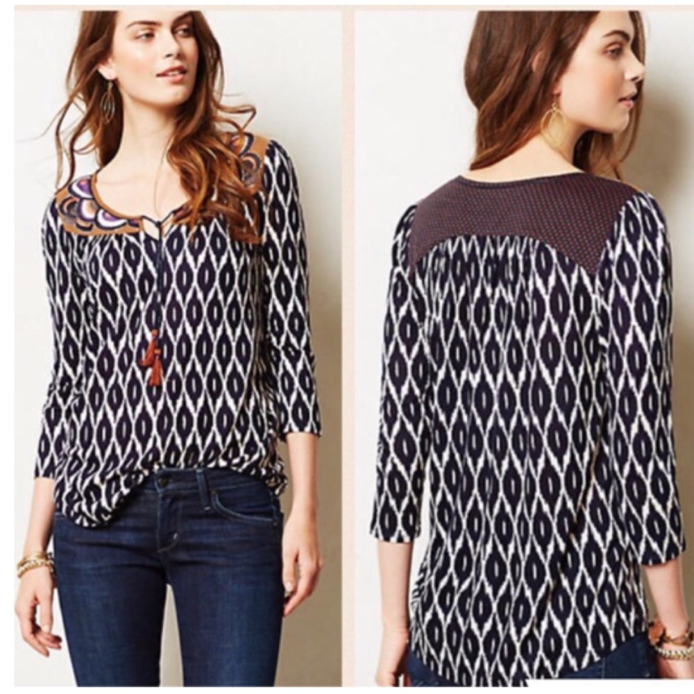 🚫Sold🚫Anthropologie Tassled Ikat Peasant Top
